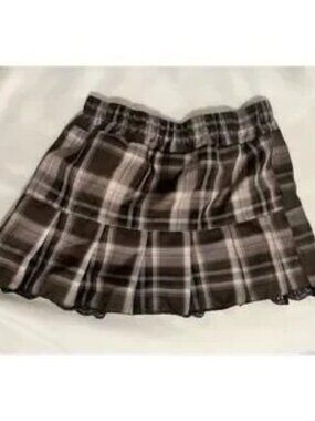 Brown Plaid Pleated Mini Skirt with Black Lace Trim Elastic Waist Size M❣